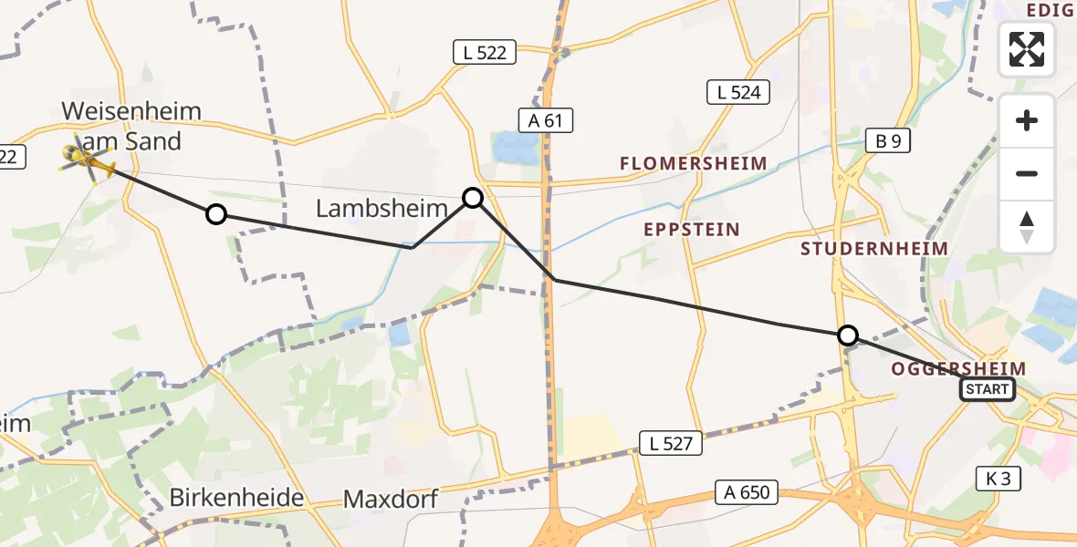 Flugroute Rettungshubschrauber Ludwigshafen am Rhein - Weisenheim am Sand, 19 Oktober 2026, 14:03