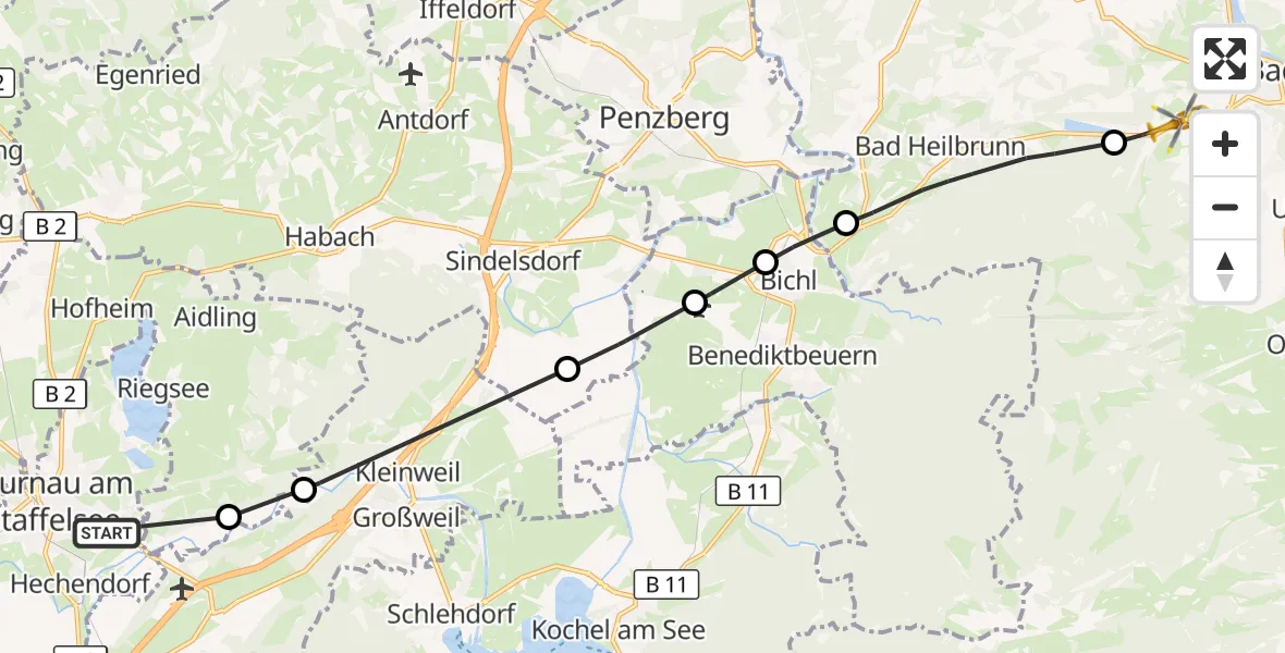 Flugroute Rettungshubschrauber Murnau Accident Hospital - Wackersberg, 19 Oktober 2026, 14:04