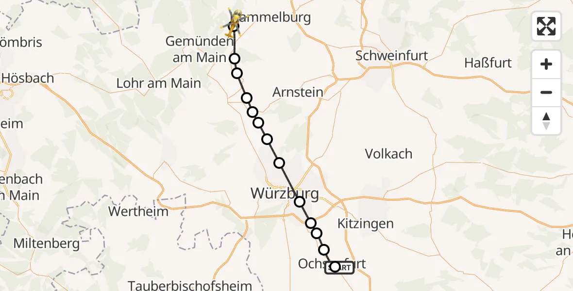 Flugroute Rettungshubschrauber Ochsenfurt Hospital - Gräfendorf, 19 Oktober 2026, 14:04