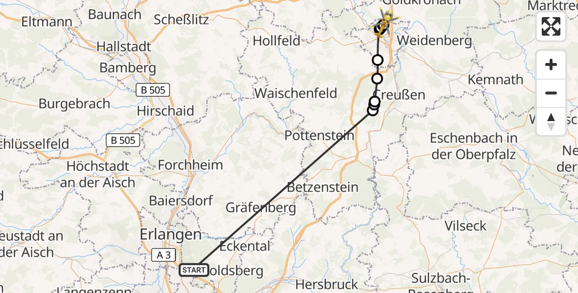 Flugroute Rettungshubschrauber Neunhofer Forst - Hohe Warte Hospital, 19 Oktober 2026, 14:05