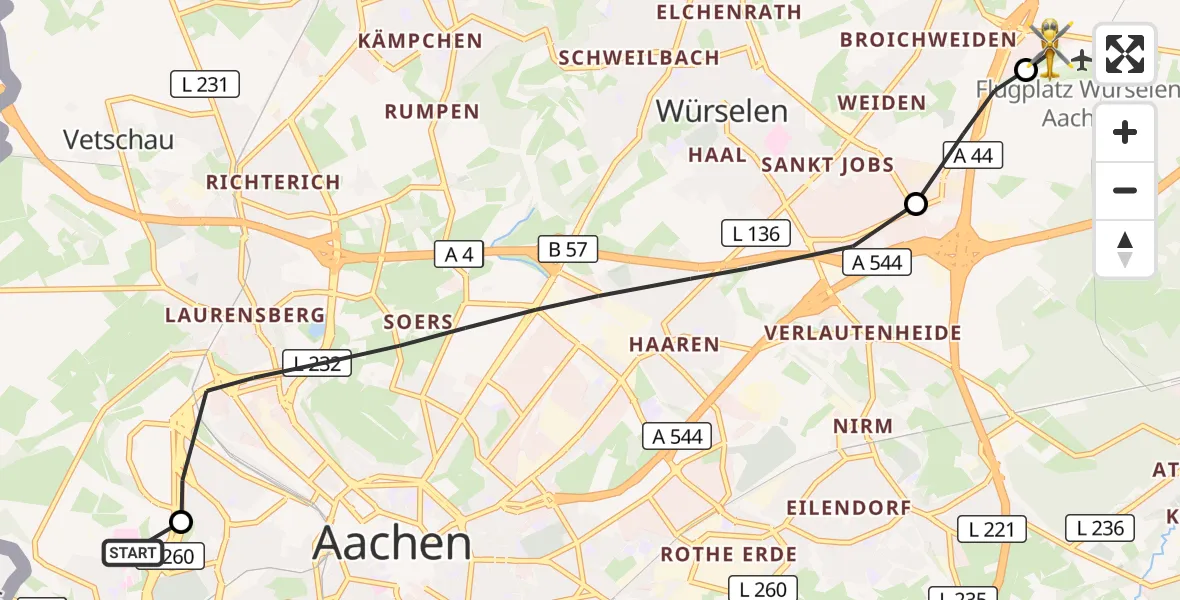 Flugroute Rettungshubschrauber Aachen Hospital - Aachen-Merzbrück Flughafen, 19 Oktober 2026, 14:08