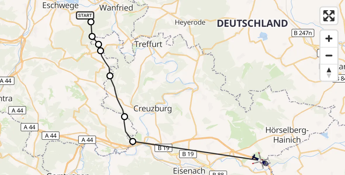 Flugroute Polizeihubschrauber Eschwege - Eisenach-Kindel Flughafen, 19 Oktober 2026, 14:16