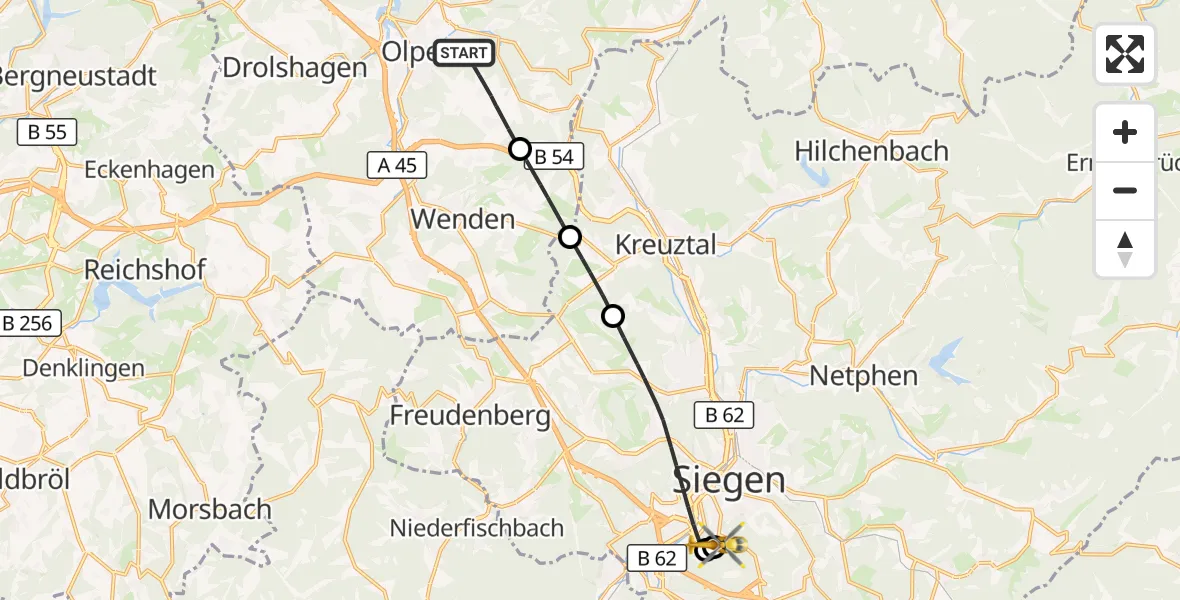 Flugroute Rettungshubschrauber Olpe - Evangelisches Jung-Stilling Hospital, 19 Oktober 2026, 14:16