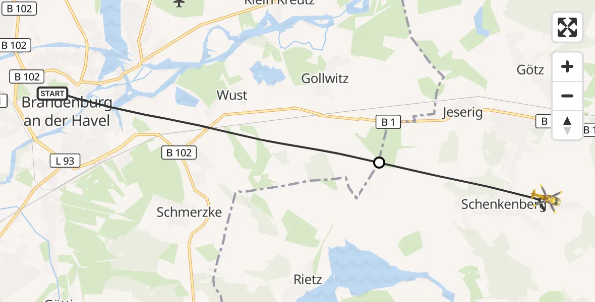 Flugroute Rettungshubschrauber Brandenburg an der Havel - Groß Kreutz (Havel), 19 Oktober 2026, 14:19