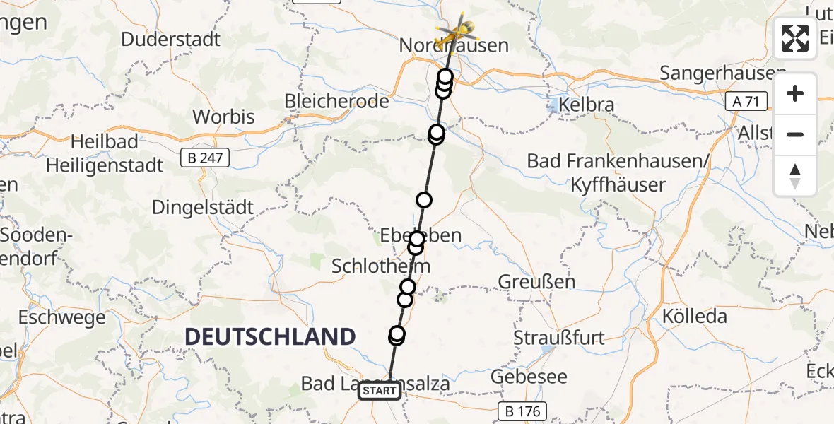 Flugroute Rettungshubschrauber Bad Langensalza - Südharz Hospital Nordhausen, 19 Oktober 2026, 14:25