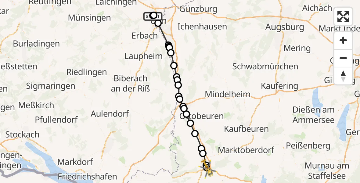Flugroute Rettungshubschrauber Ulm Military Hospital Emergency - Kempten-Durach Flugplatz, 19 Oktober 2026, 14:34
