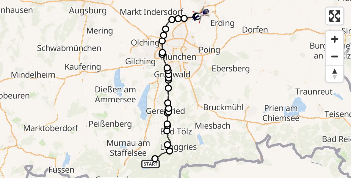 Flugroute Polizeihubschrauber Kochel a.See - Hallbergmoos, 19 Oktober 2026, 14:35