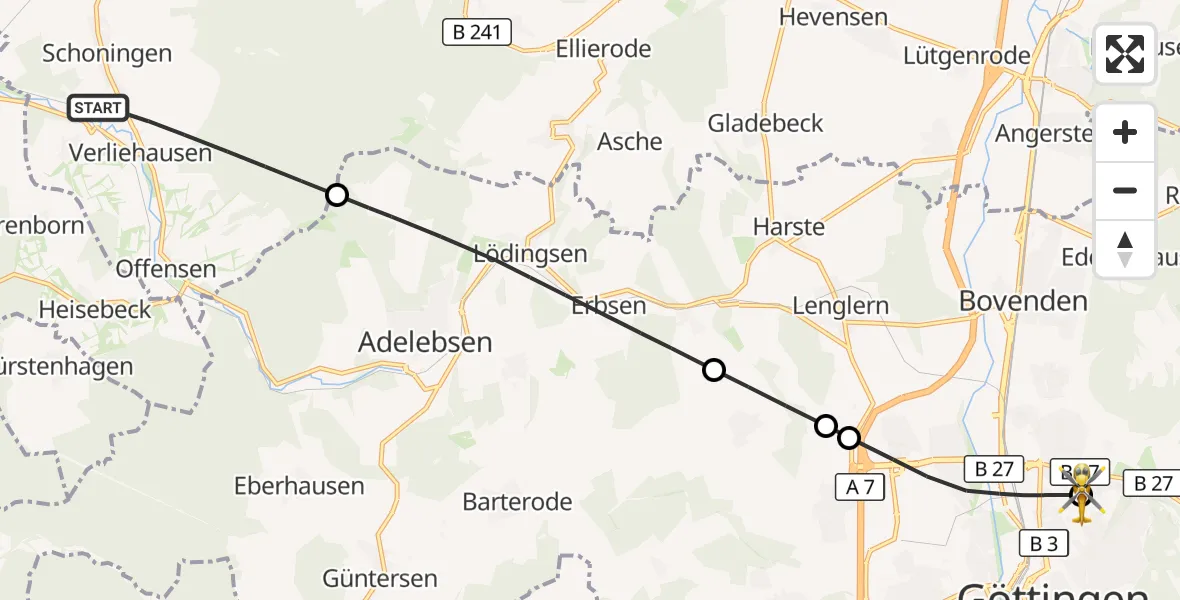 Flugroute Rettungshubschrauber Uslar - Göttingen University Clinic Hubschrauberlandeplatz, 19 Oktober 2026, 14:41