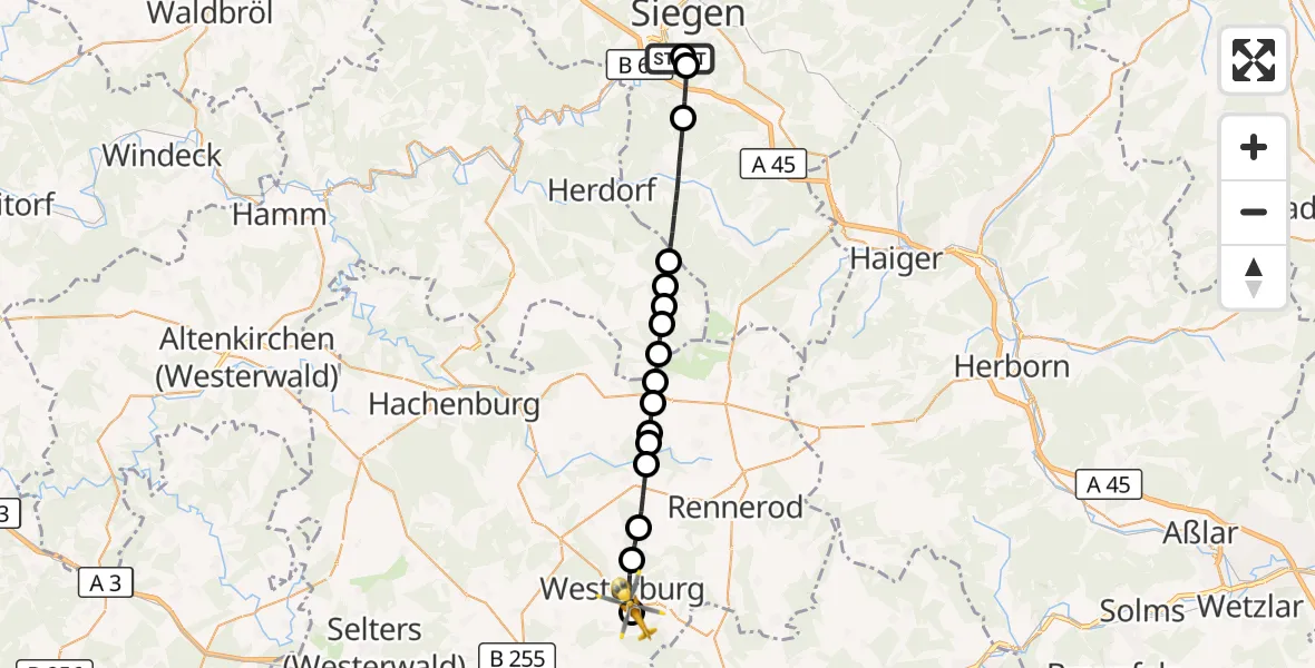 Flugroute Rettungshubschrauber Evangelisches Jung-Stilling Hospital - Westerburg, 19 Oktober 2026, 14:44