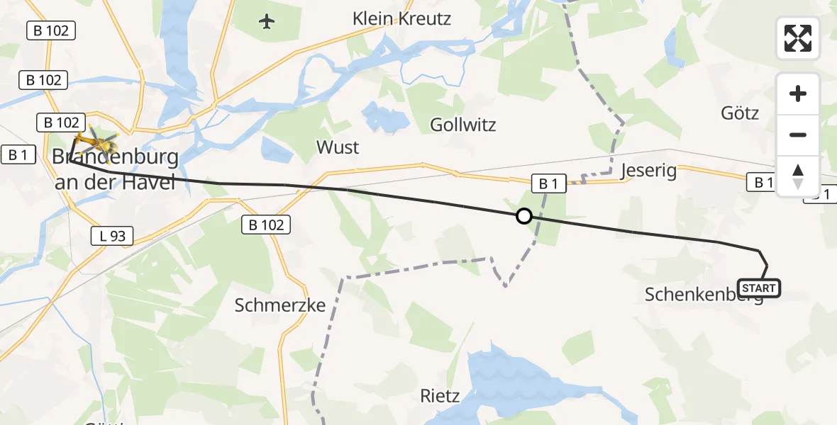 Flugroute Rettungshubschrauber Groß Kreutz (Havel) - Brandenburg an der Havel, 19 Oktober 2026, 14:44