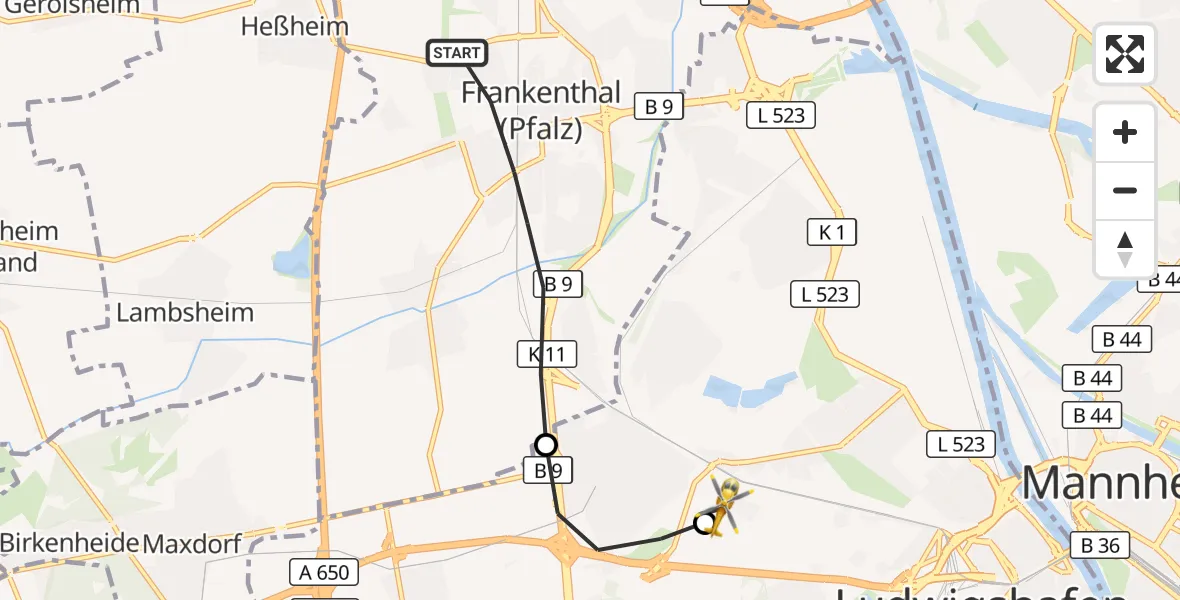 Flugroute Rettungshubschrauber Frankenthal (Pfalz) - Ludwigshafen Accident Hospital, 19 Oktober 2026, 14:45