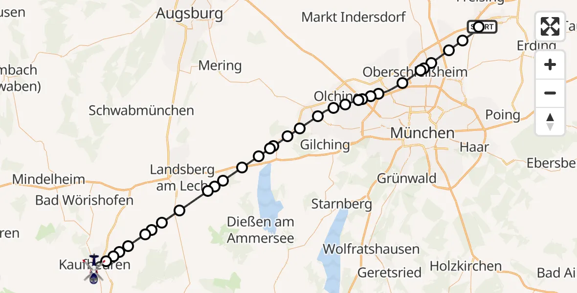 Flugroute Polizeihubschrauber München Flughafen - Kaufbeuren, 19 Oktober 2026, 14:51