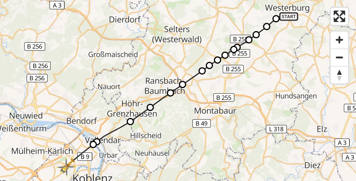 Flugroute Rettungshubschrauber Westerburg - Koblenz, 19 Oktober 2026, 15:25