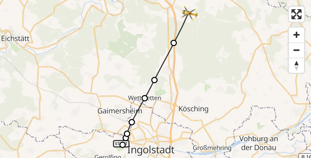 Flugroute Rettungshubschrauber Ingolstadt Hospital - Denkendorf, 19 Oktober 2026, 15:30