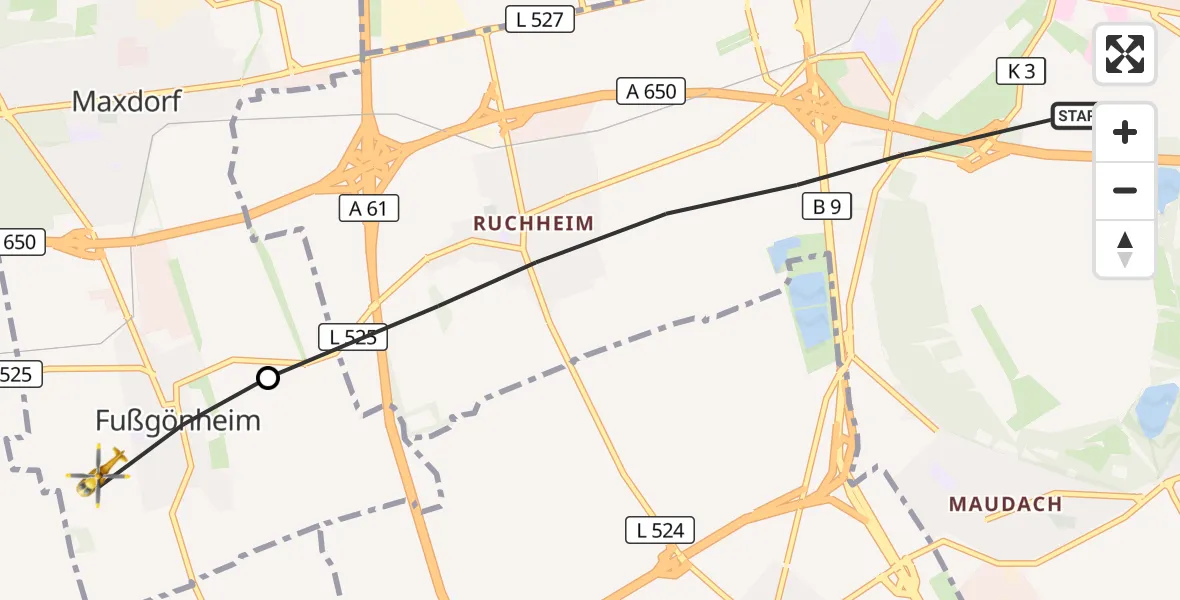 Flugroute Rettungshubschrauber Ludwigshafen am Rhein - Fußgönheim, 19 Oktober 2026, 15:30