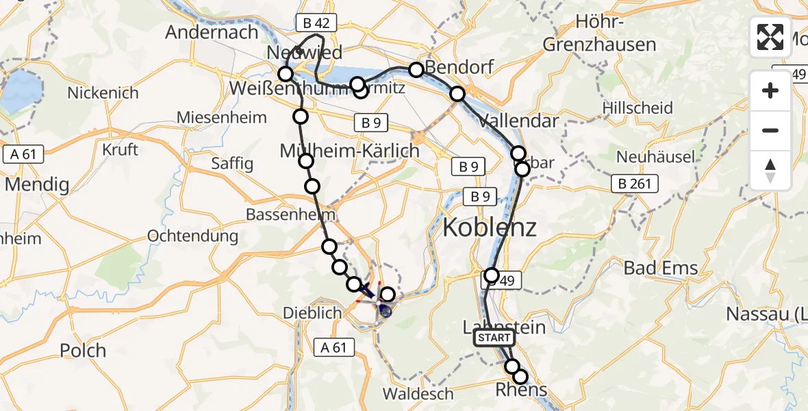 Flugroute Polizeihubschrauber Lahnstein - Winningen, 19 Oktober 2026, 15:31
