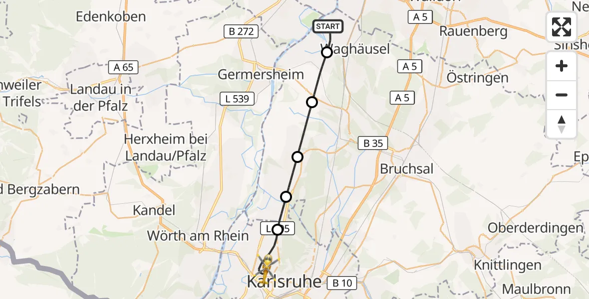 Flugroute Ambulanzhubschrauber Oberhausen-Rheinhausen - Karlsruhe, 19 Oktober 2026, 15:34
