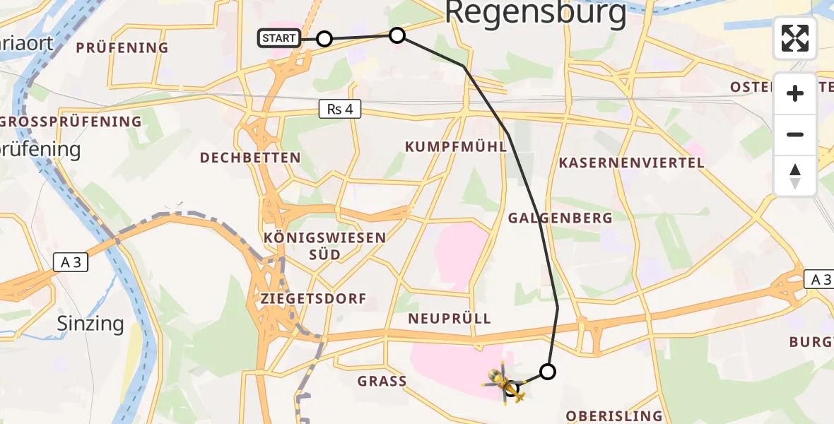 Flugroute Rettungshubschrauber Barmherzige Brüder (Brothers of Mercy) Hospital Regensburg - DRF Air Rescue Station Regensburg / Regensburg University Hospital, 19 Oktober 2026, 15:47
