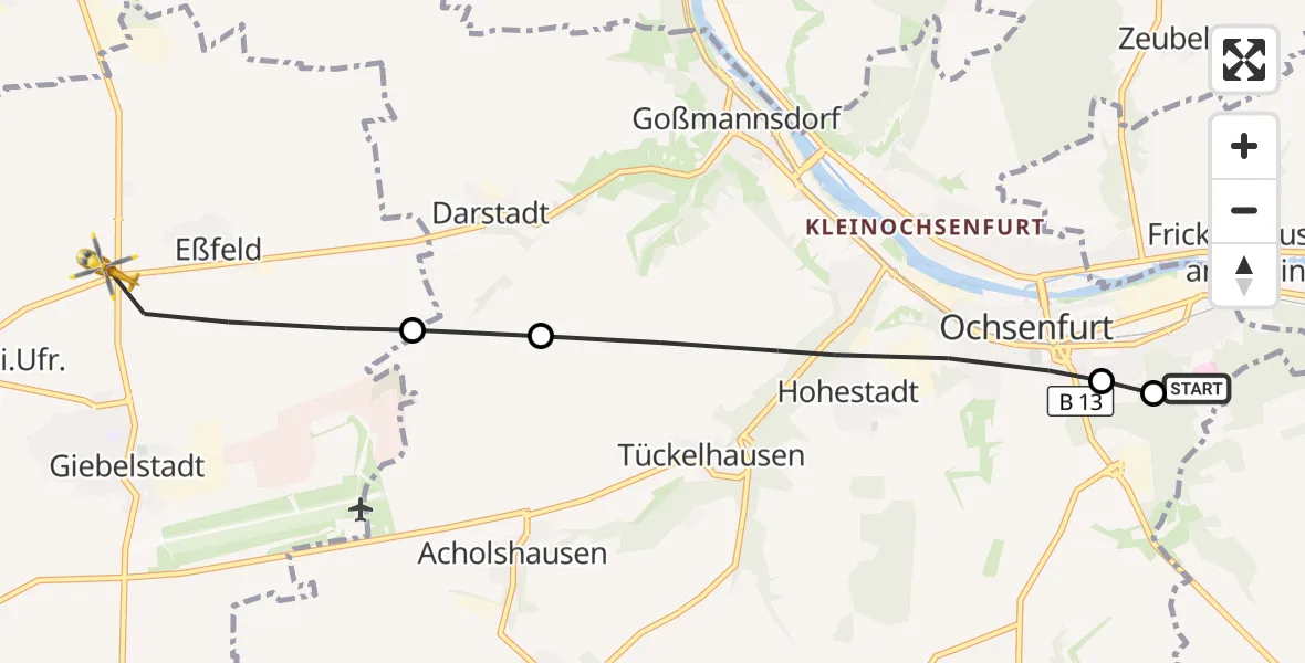 Flugroute Rettungshubschrauber Ochsenfurt Hospital - Giebelstadt, 19 Oktober 2026, 15:53