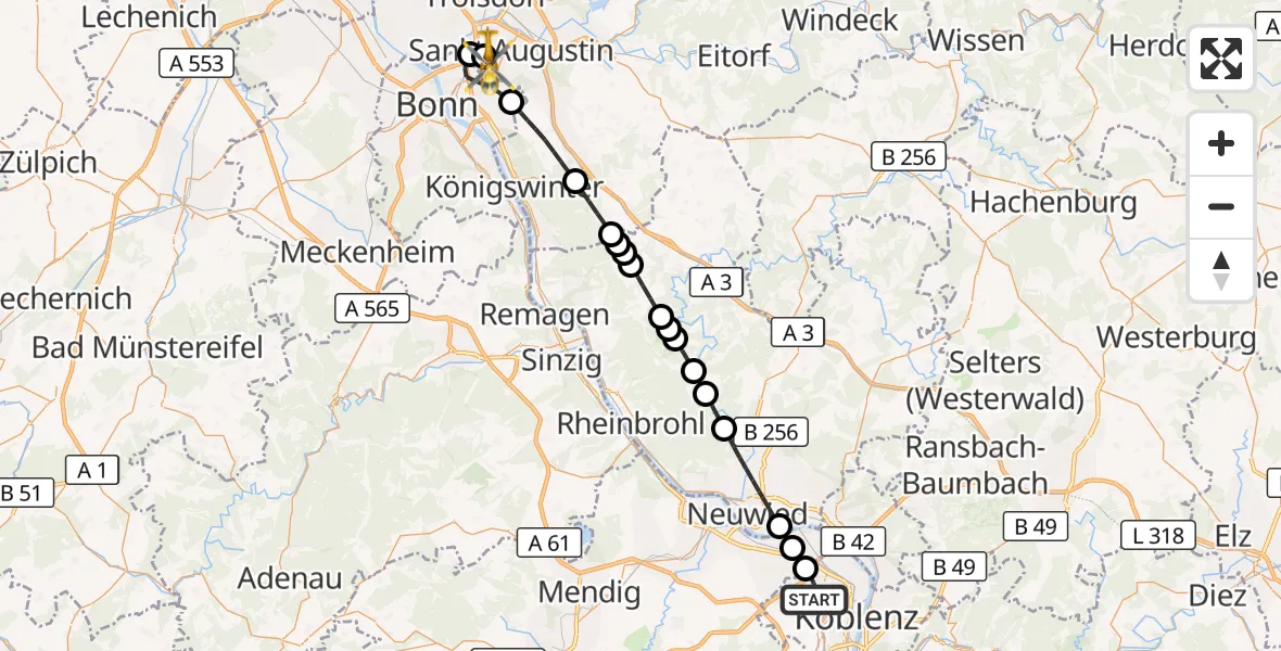 Flugroute Rettungshubschrauber Koblenz - Bonn-Hangelar Flugplatz, 19 Oktober 2026, 16:03