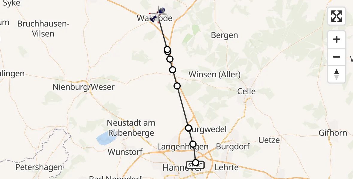 Flugroute Polizeihubschrauber Hannover Luftrettung Hubschrauberlandeplatz (Christoph 4) - Walsrode, 19 Oktober 2026, 16:05