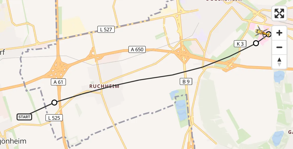 Flugroute Rettungshubschrauber Fußgönheim - Ludwigshafen Accident Hospital, 19 Oktober 2026, 16:11