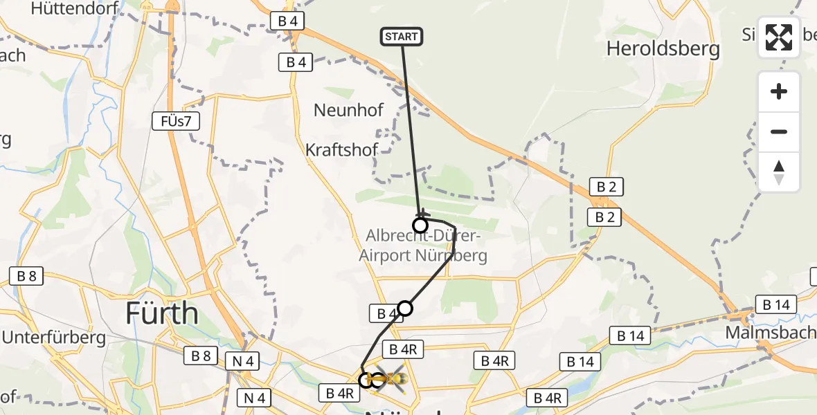 Flugroute Rettungshubschrauber Neunhofer Forst - Nürnberg North Hospital, 19 Oktober 2026, 16:11