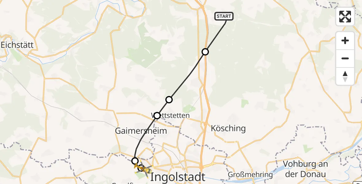 Flugroute Rettungshubschrauber Denkendorf - Ingolstadt Hospital, 19 Oktober 2026, 16:12