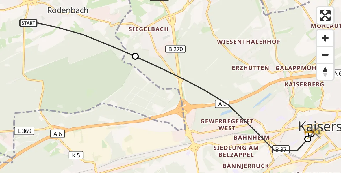 Flugroute Rettungshubschrauber Rodenbach - Westpfalz Hospital Kaiserslautern, 19 Oktober 2026, 16:15