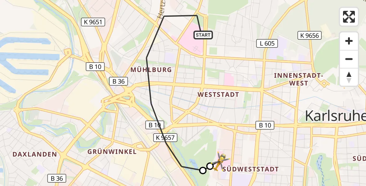 Flugroute Ambulanzhubschrauber Karlsruhe - Sankt Vincentius Hospital, 19 Oktober 2026, 16:16