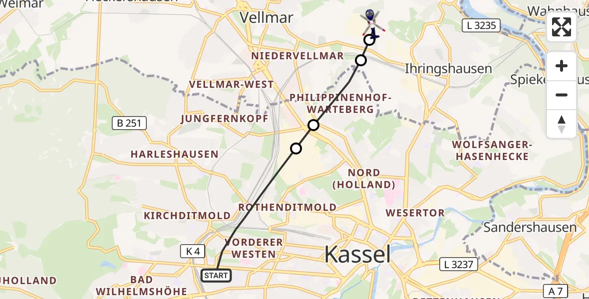 Flugroute Polizeihubschrauber Kassel - Fuldatal Bundespolizei Hubschrauberlandeplatz, 19 Oktober 2026, 16:18