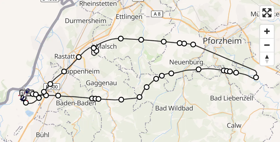 Flugroute Polizeihubschrauber Karlsruhe Baden-Baden Flughafen - Karlsruhe Baden-Baden Flughafen, 19 Oktober 2026, 16:18