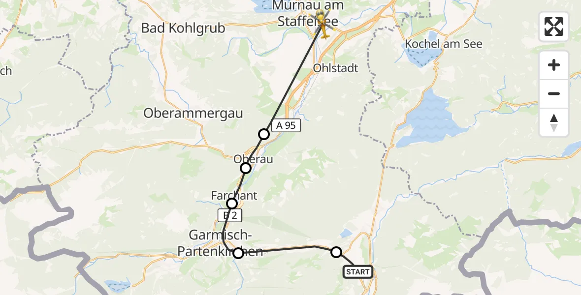 Flugroute Rettungshubschrauber Mittenwald - Murnau Accident Hospital Hubschrauberlandeplatz, 19 Oktober 2026, 16:21