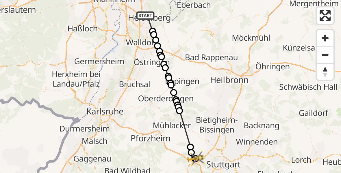 Flugroute Rettungshubschrauber Heidelberg - Leonberg Hospital, 19 Oktober 2026, 16:23