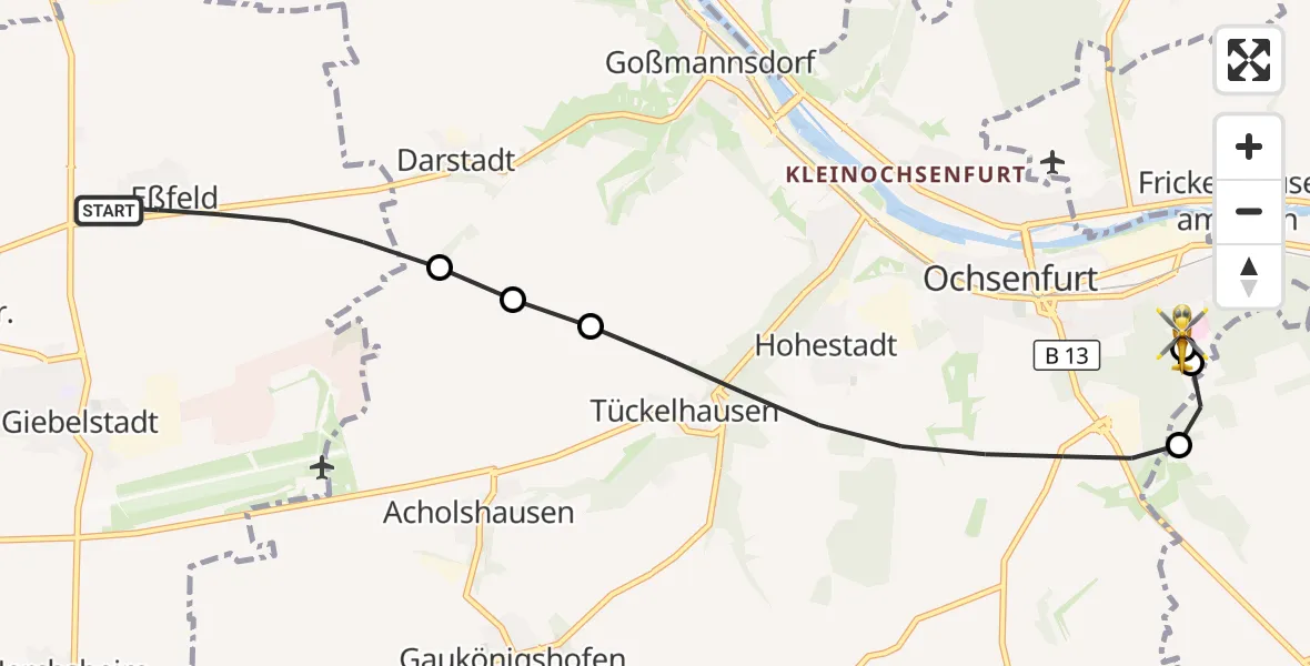 Flugroute Rettungshubschrauber Giebelstadt - Ochsenfurt Hospital, 19 Oktober 2026, 16:23