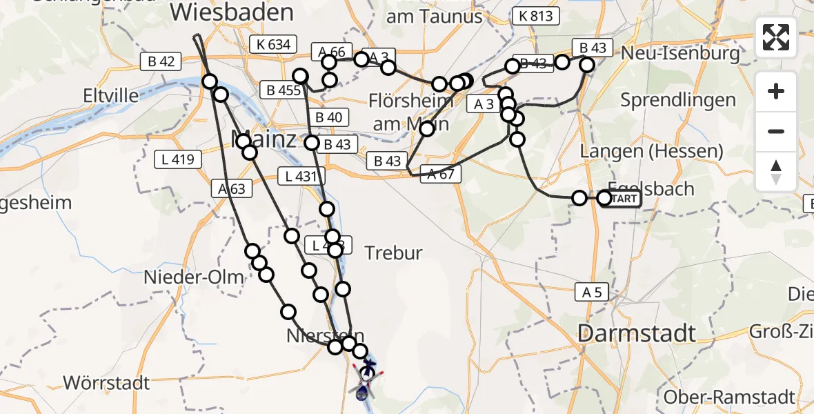Flugroute Polizeihubschrauber Flughafen Frankfurt-Egelsbach - Oppenheim Flugplatz, 19 Oktober 2026, 16:24