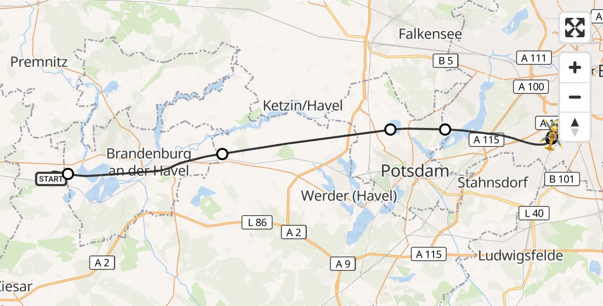 Flugroute Rettungshubschrauber Bensdorf - Charité Clinic Benjamin Franklin Campus, 19 Oktober 2026, 16:27