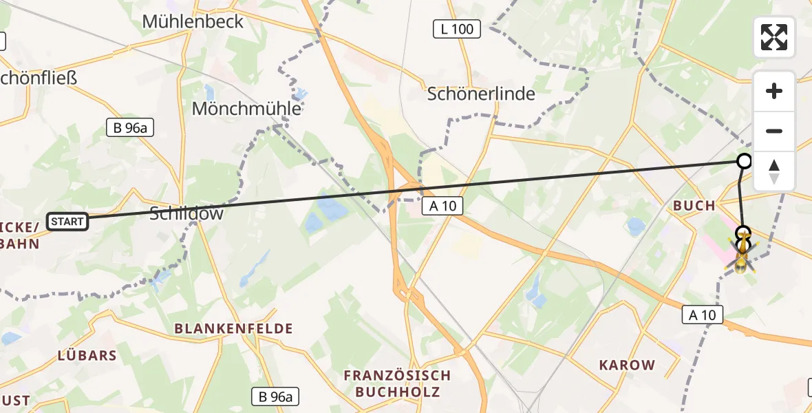 Flugroute Rettungshubschrauber Glienicke/Nordbahn - Helios Clinic Berlin-Buch, 19 Oktober 2026, 16:33