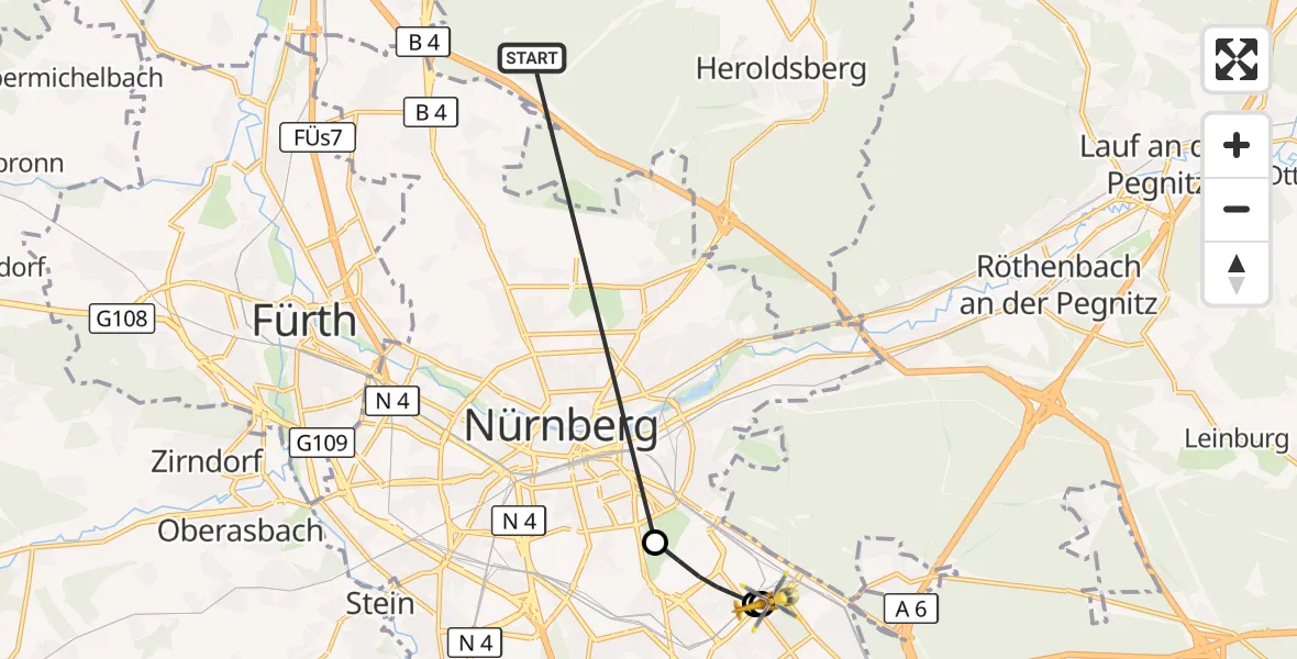 Flugroute Rettungshubschrauber Neunhofer Forst - Nürnberg South Hospital, 19 Oktober 2026, 16:42