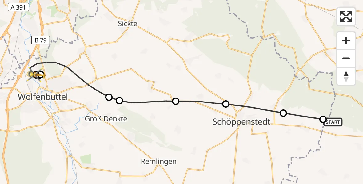 Flugroute Rettungshubschrauber Söllingen - Wolfenbüttel, 19 Oktober 2026, 16:42