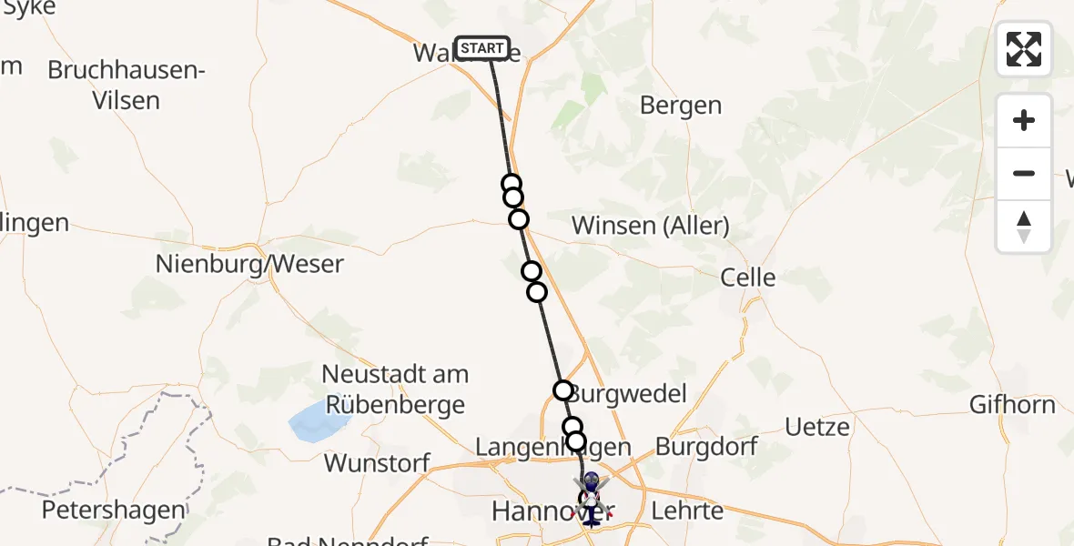 Flugroute Polizeihubschrauber Walsrode - Hannover Luftrettung Hubschrauberlandeplatz (Christoph 4), 19 Oktober 2026, 16:55