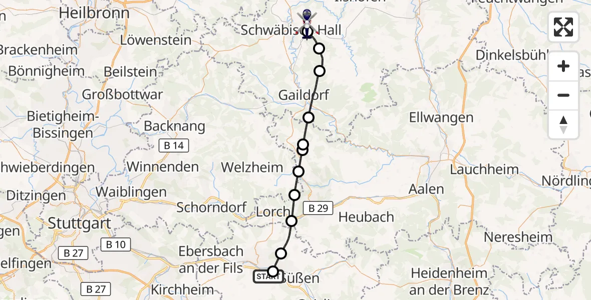 Flugroute Polizeihubschrauber Göppingen - Adolf Würth Flughafen, 19 Oktober 2026, 17:04