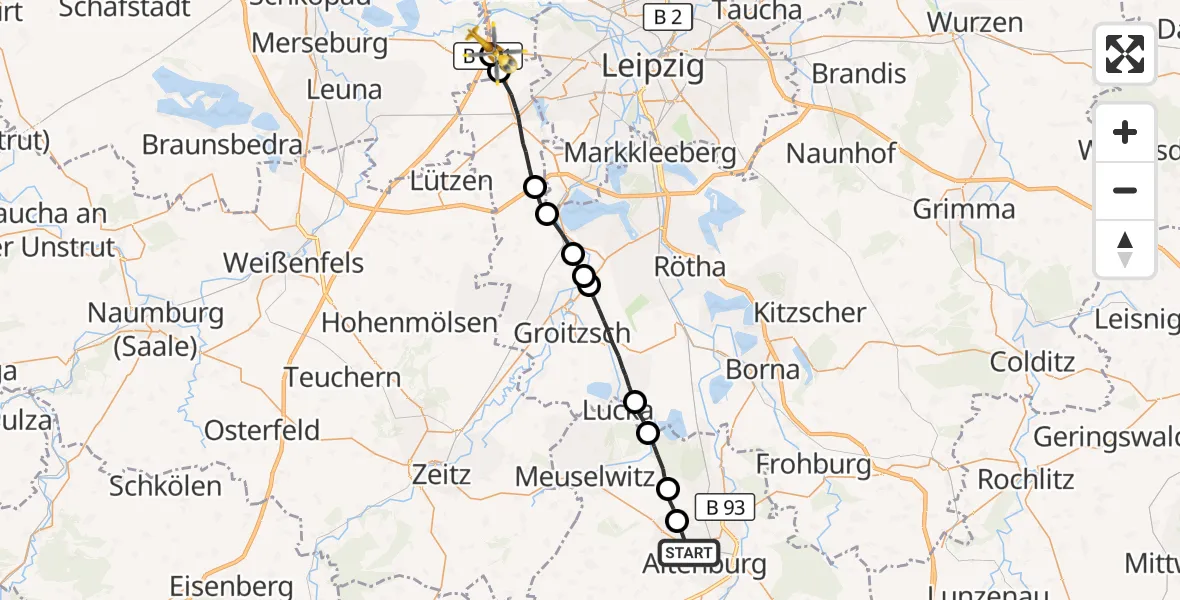 Flugroute Rettungshubschrauber Altenburg - ADAC Air Rescue Station Leipzig/Schkeuditz-Dölzig Hubschrauberlandeplatz (Christoph 61), 19 Oktober 2026, 17:05