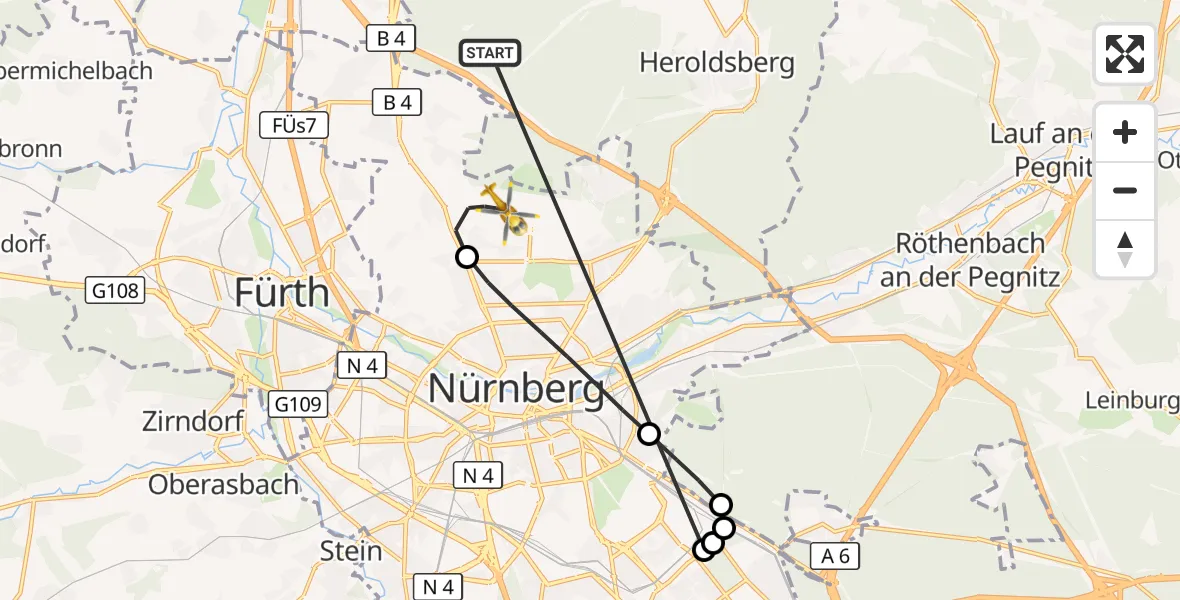Flugroute Rettungshubschrauber Neunhofer Forst - Flughafen Nuremberg, 19 Oktober 2026, 17:08