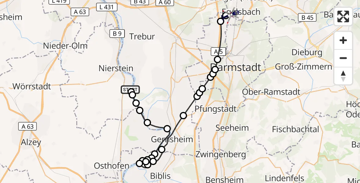 Flugroute Polizeihubschrauber Oppenheim - Flughafen Frankfurt-Egelsbach, 19 Oktober 2026, 17:27