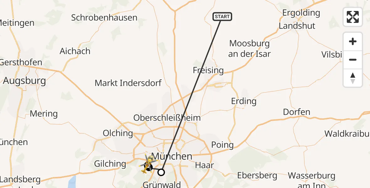 Flugroute Rettungshubschrauber Rudelzhausen - DRF Air Rescue München Hubschrauberlandeplatz, 19 Oktober 2026, 17:30
