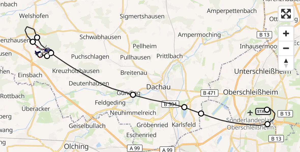 Flugroute Polizeihubschrauber Oberschleissheim Hubschrauberlandeplatz - Sulzemoos, 19 Oktober 2026, 17:34