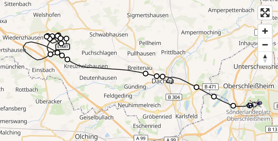 Flugroute Polizeihubschrauber Sulzemoos - Oberschleissheim Hubschrauberlandeplatz, 19 Oktober 2026, 17:59