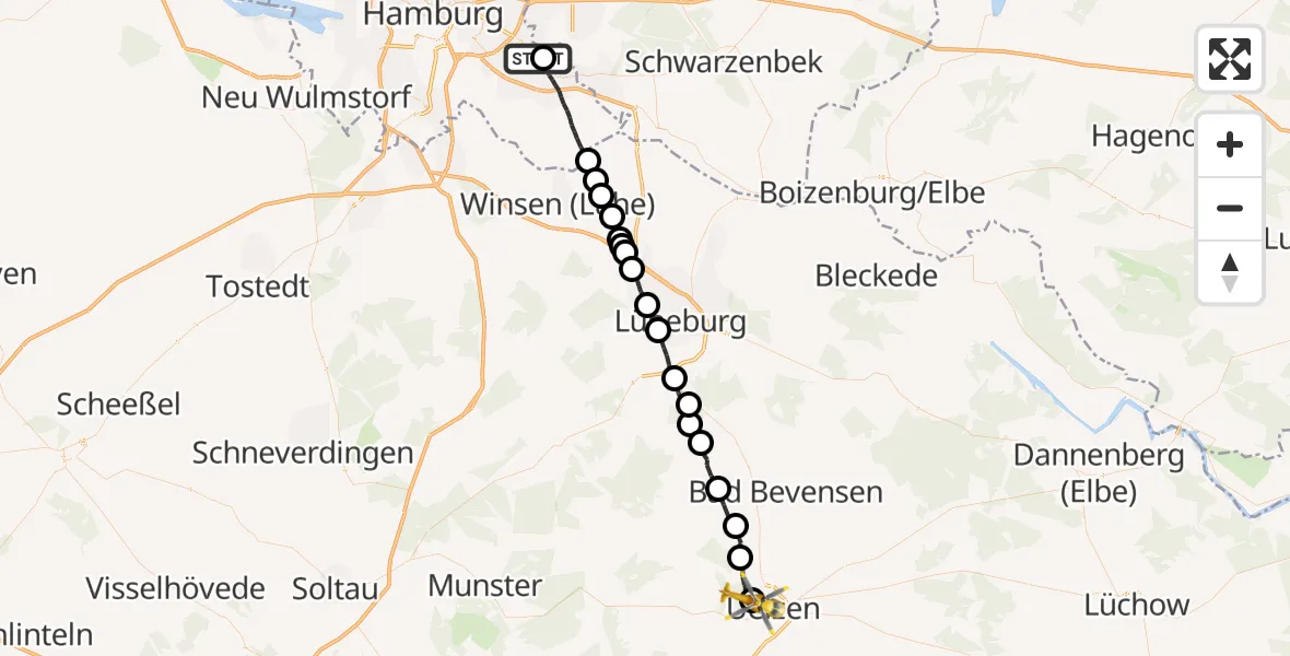 Flugroute Rettungshubschrauber Christoph Hansa ADAC Hubschrauberlandeplatz - Uelzen, 19 Oktober 2026, 18:22