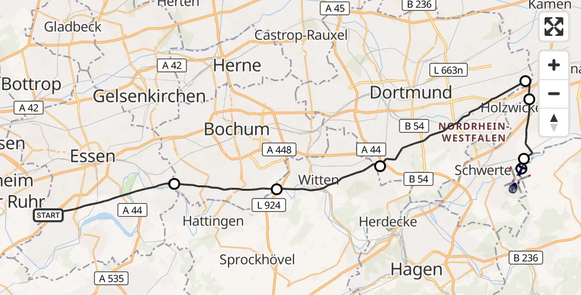 Flugroute Polizeihubschrauber Essen - Schwerte, 19 Oktober 2026, 18:45